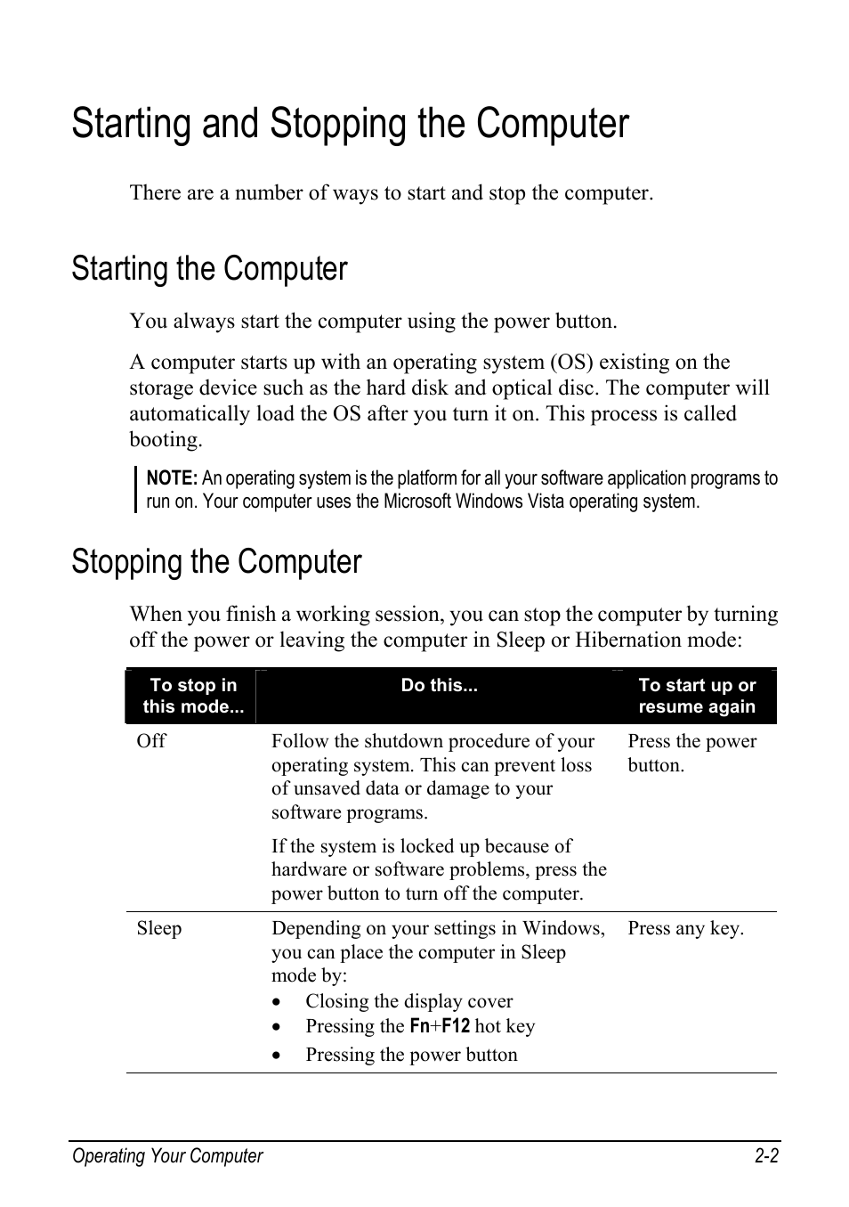 Starting and stopping the computer, Starting the computer, Stopping the computer | Starting and stopping the computer -2, Starting the computer -2, Stopping the computer -2 | chiliGREEN Mitac 9515 User Manual | Page 23 / 122