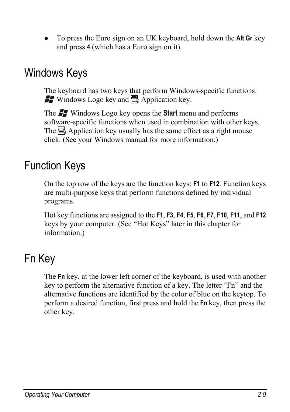 Windows keys, Function keys, Fn key | Windows keys -9, Function keys -9, Fn key -9 | chiliGREEN Mitac 9515 User Manual | Page 30 / 122