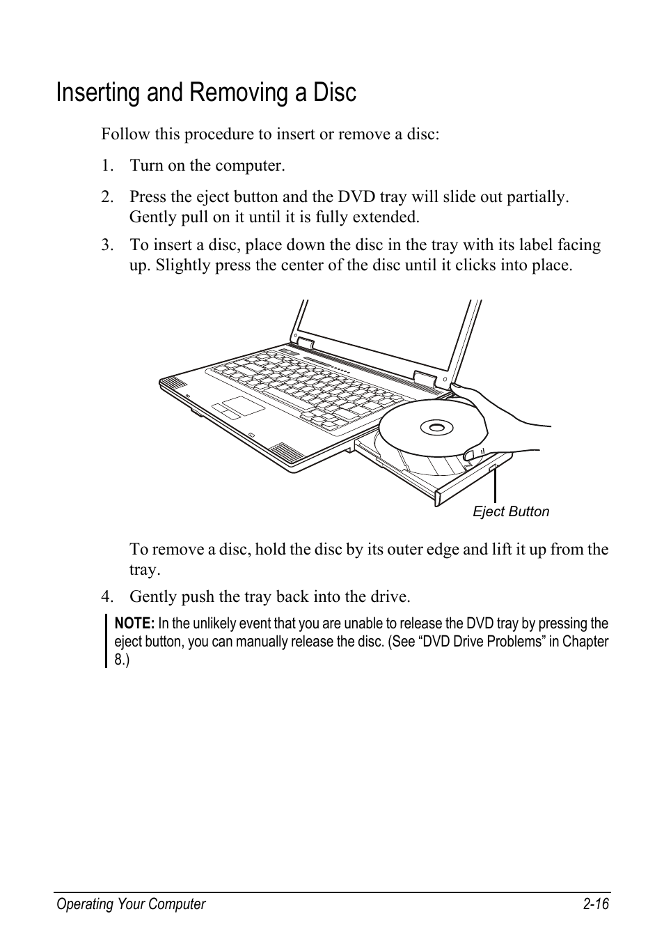 Inserting and removing a disc, Inserting and removing a disc -16 | chiliGREEN Mitac 9515 User Manual | Page 37 / 122
