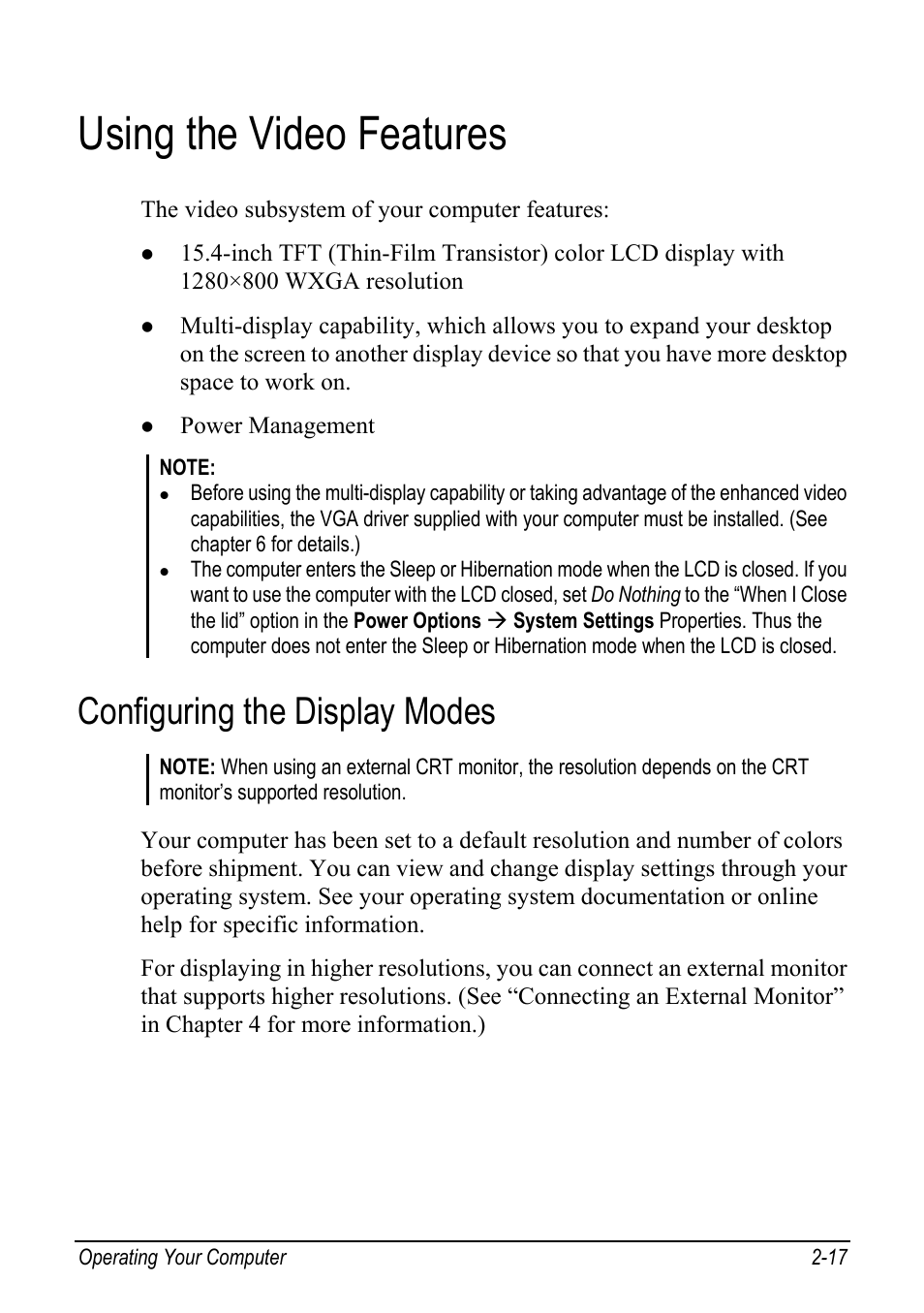 Using the video features, Configuring the display modes, Using the video features -17 | Configuring the display modes -17 | chiliGREEN Mitac 9515 User Manual | Page 38 / 122