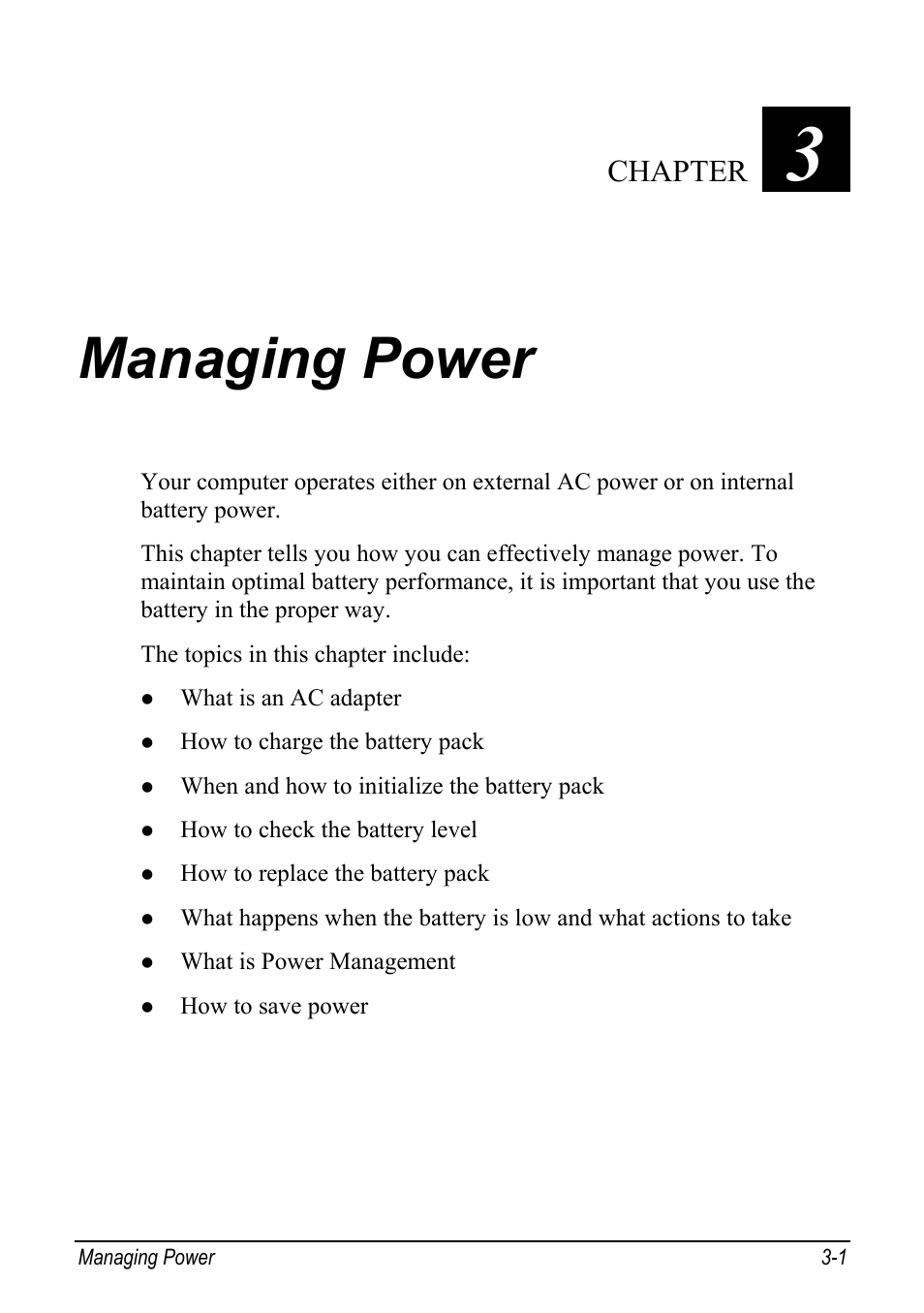 Managing power, Managing power -1, Chapter 3 | Chapter | chiliGREEN Mitac 9515 User Manual | Page 51 / 122