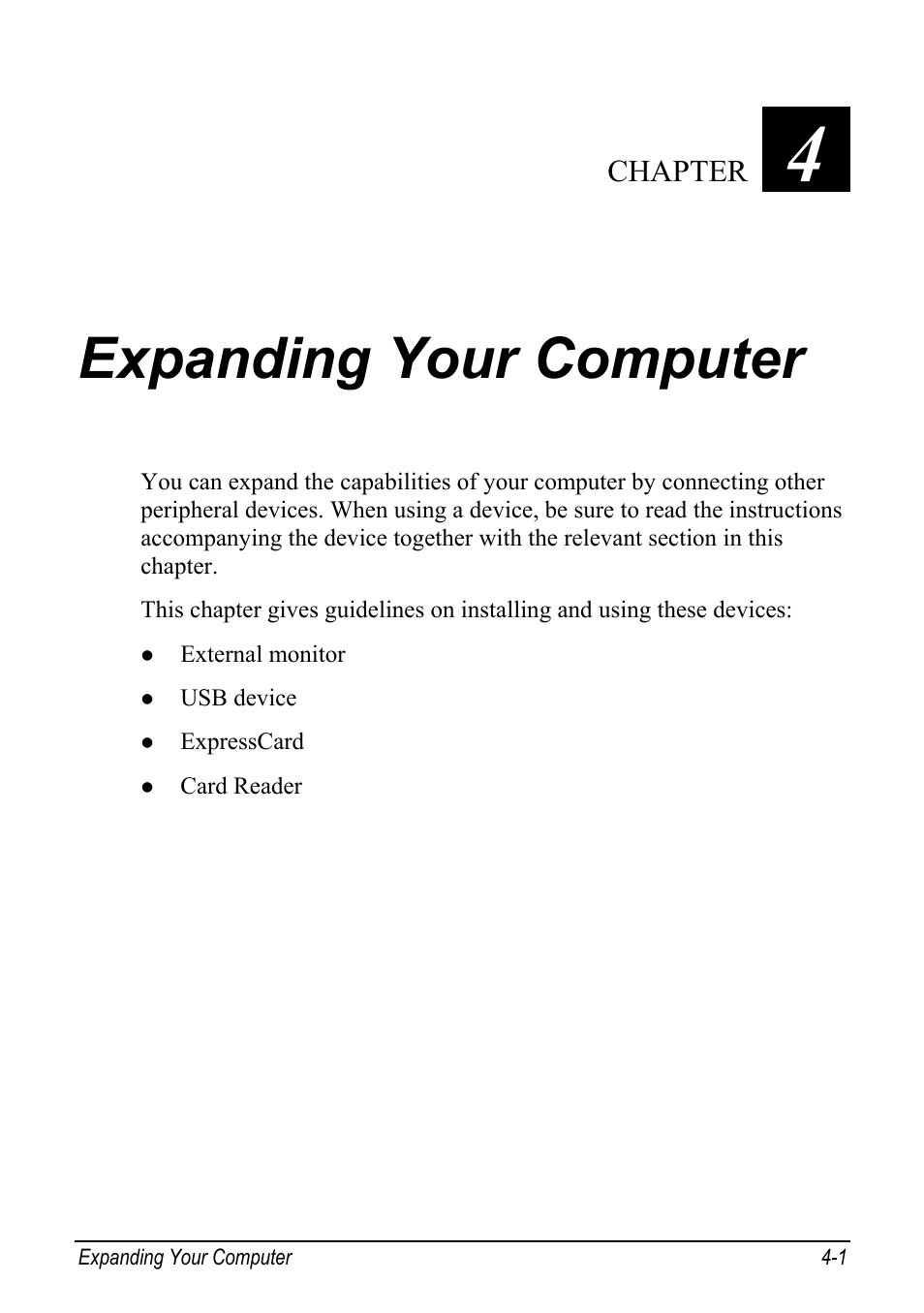 Expanding your computer, Expanding your computer -1, Chapter 4 | Chapter | chiliGREEN Mitac 9515 User Manual | Page 61 / 122