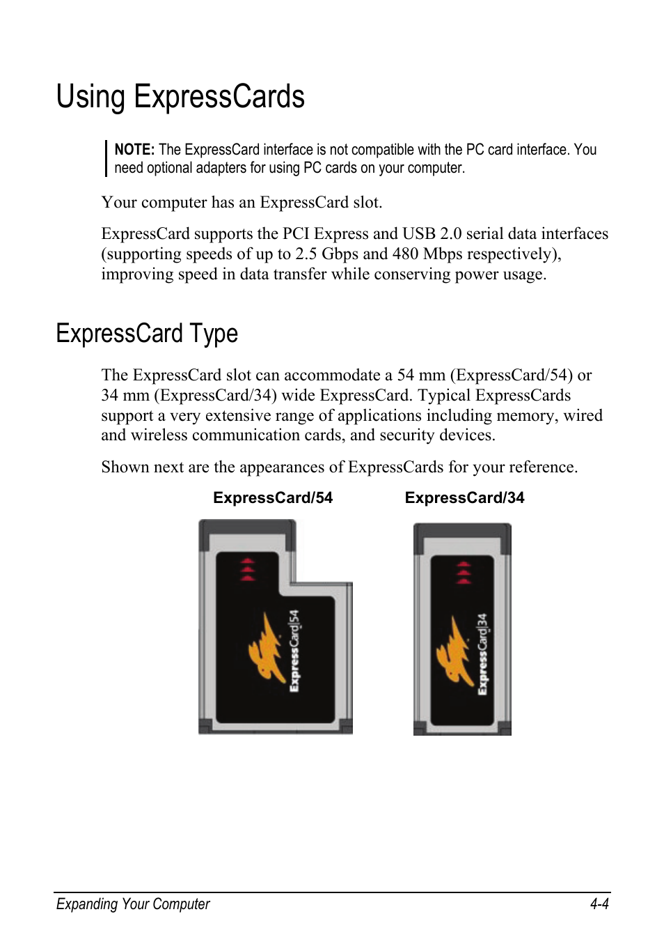 Using expresscards, Expresscard type, Using expresscards -4 | Expresscard type -4 | chiliGREEN Mitac 9515 User Manual | Page 64 / 122