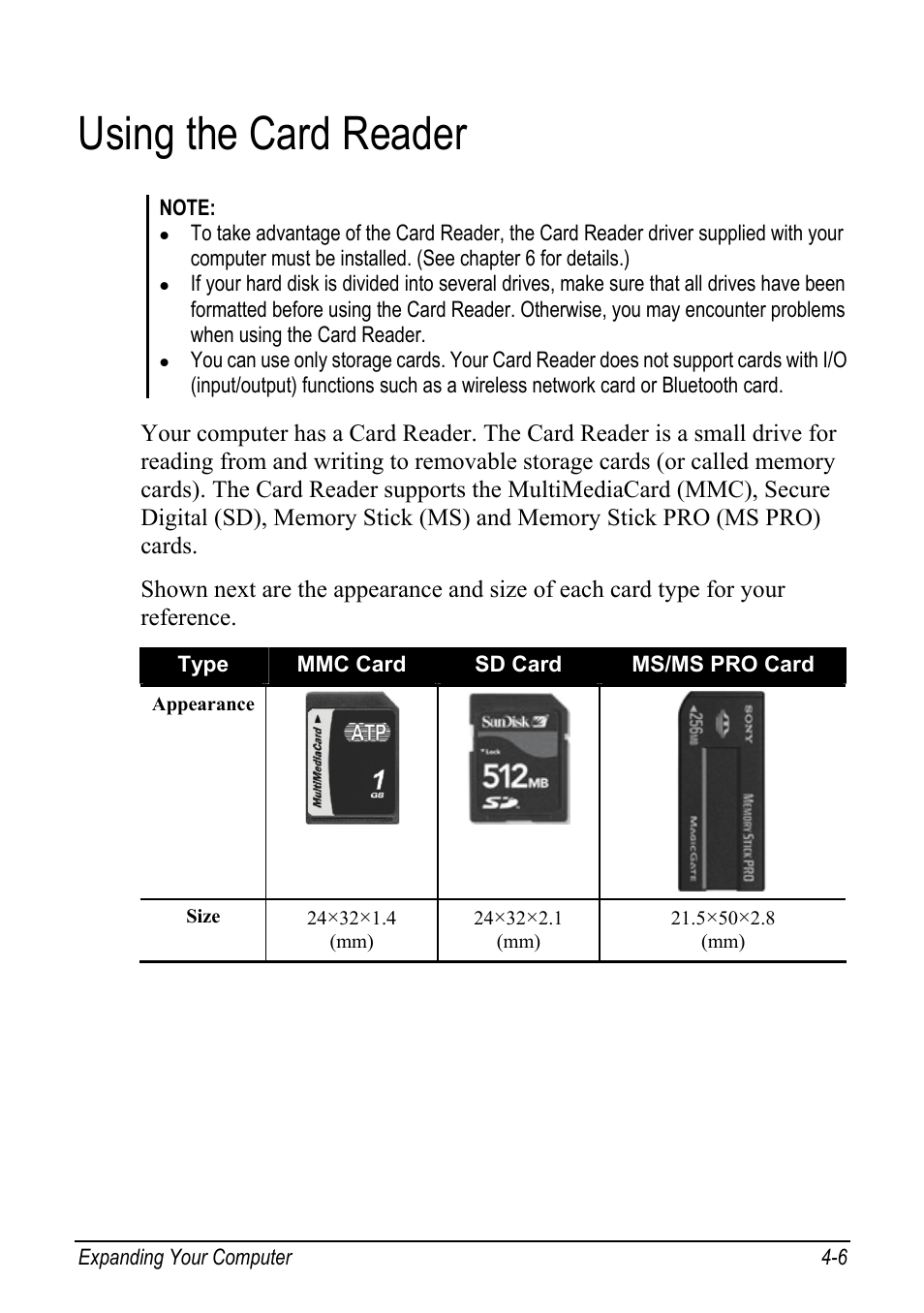 Using the card reader, Using the card reader -6 | chiliGREEN Mitac 9515 User Manual | Page 66 / 122