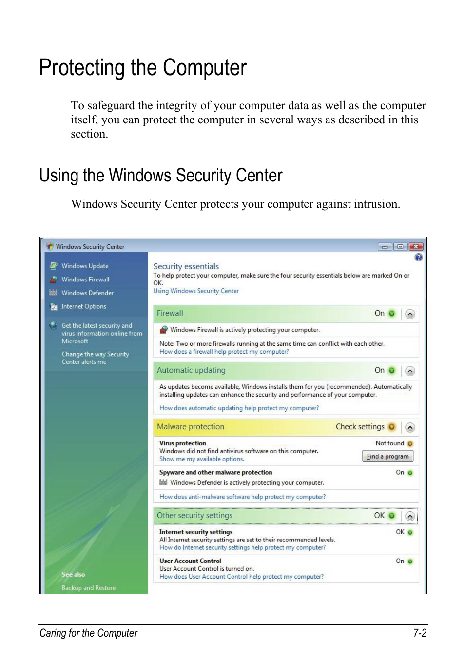 Protecting the computer, Using the windows security center, Protecting the computer -2 | Using the windows security center -2 | chiliGREEN Mitac 9515 User Manual | Page 85 / 122
