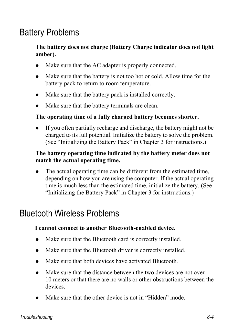 Battery problems, Bluetooth wireless problems, Battery problems -4 | Bluetooth wireless problems -4 | chiliGREEN Mitac 9515 User Manual | Page 93 / 122