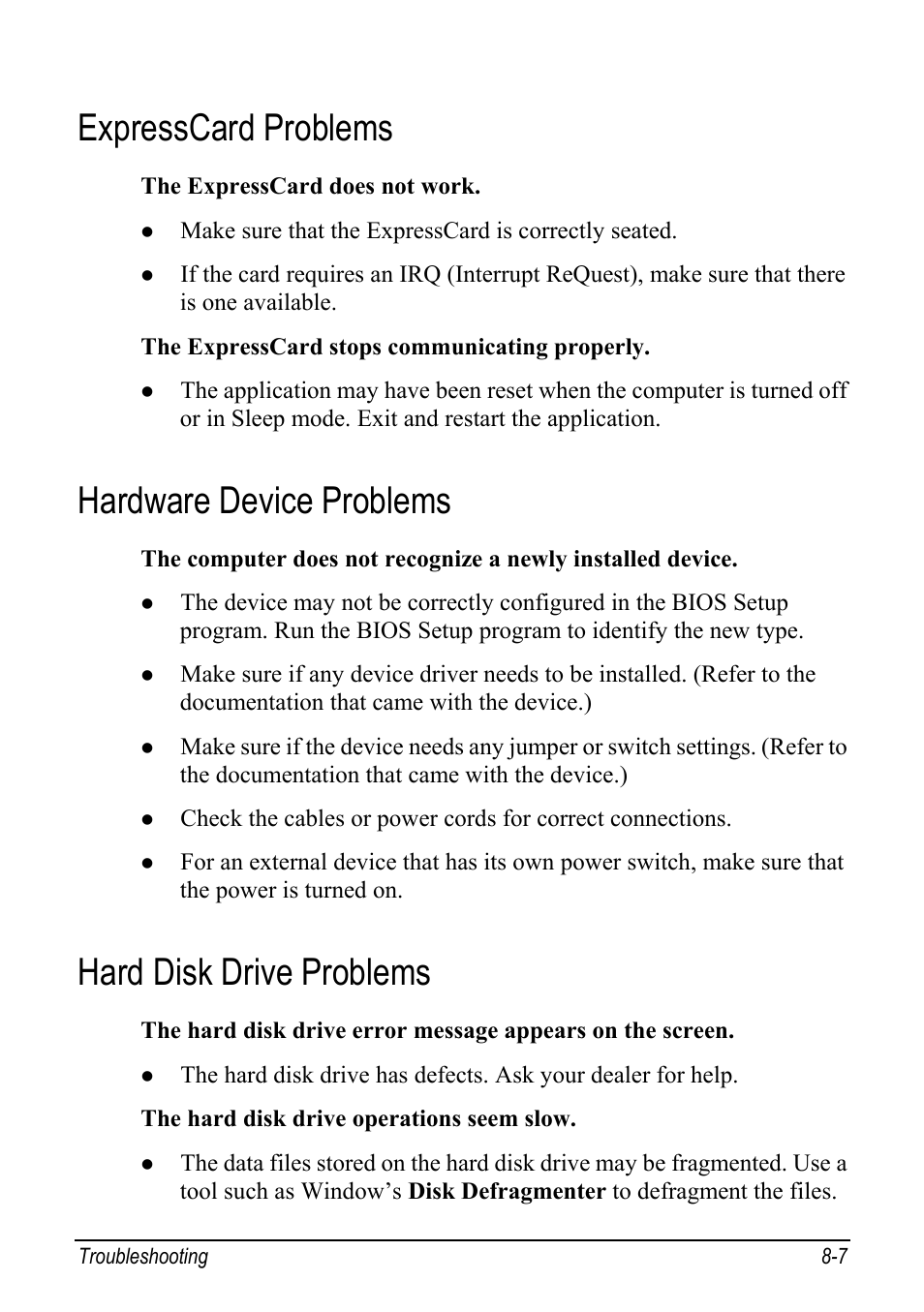 Expresscard problems, Hardware device problems, Hard disk drive problems | Expresscard problems -7, Hardware device problems -7, Hard disk drive problems -7 | chiliGREEN Mitac 9515 User Manual | Page 96 / 122