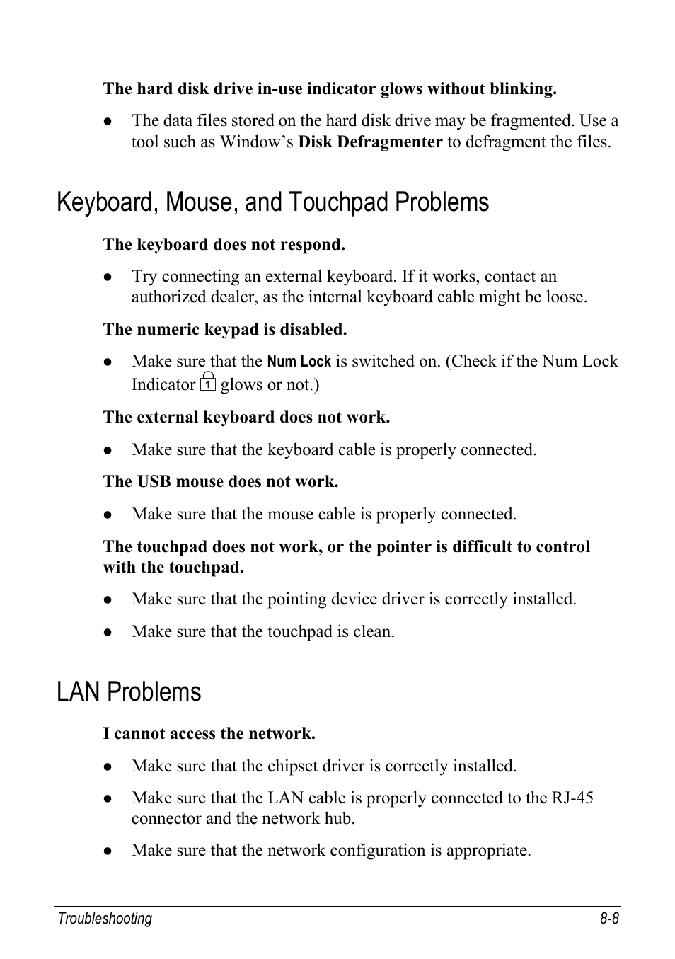 Keyboard, mouse, and touchpad problems, Lan problems, Keyboard, mouse, and touchpad problems -8 | Lan problems -8 | chiliGREEN Mitac 9515 User Manual | Page 97 / 122