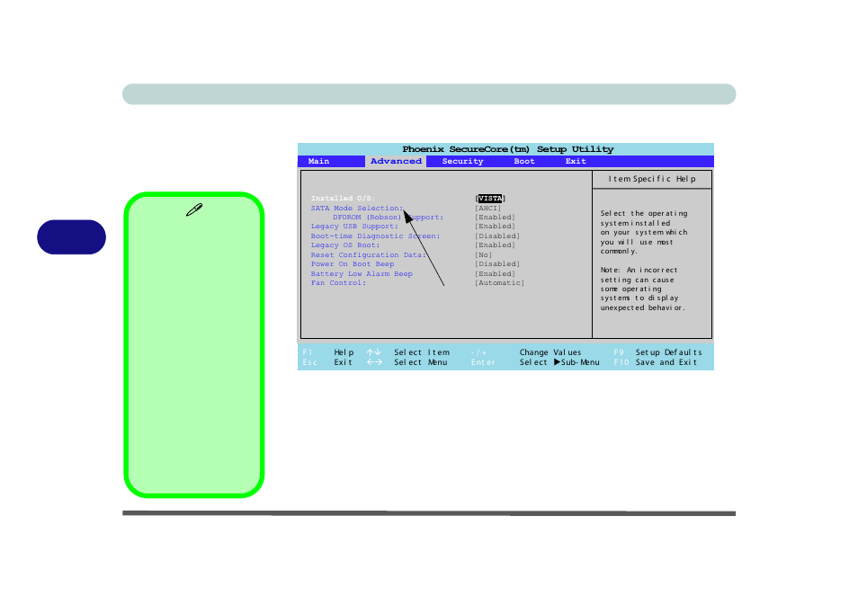 Advanced menu, Installed o/s (advanced menu), Advanced menu -8 installed o/s (advanced menu) -8 | Is selected as the o/s, Bios utilities 5 - 8 advanced menu, Figure 5 - 3, Only available if windows vista | chiliGREEN M860TU User Manual | Page 82 / 232
