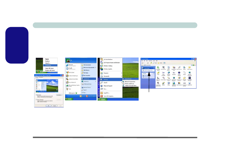 Windows xp start menu & control panel | chiliGREEN M665JE User Manual | Page 26 / 206