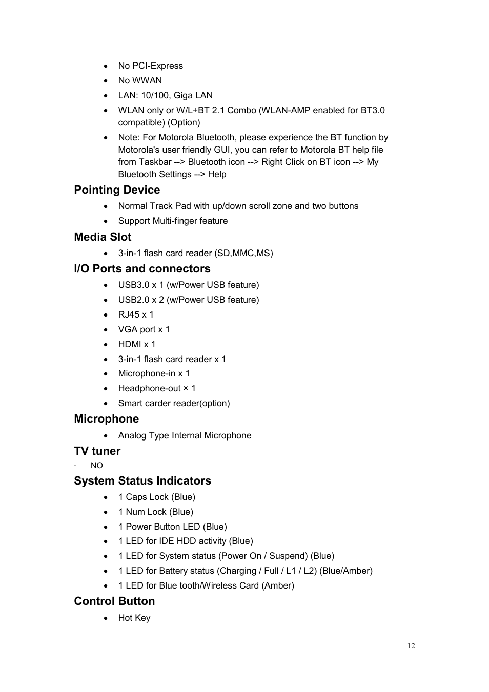 Pointing device, Media slot, I/o ports and connectors | Microphone, Tv tuner, System status indicators, Control button | chiliGREEN CBL21 User Manual | Page 13 / 68