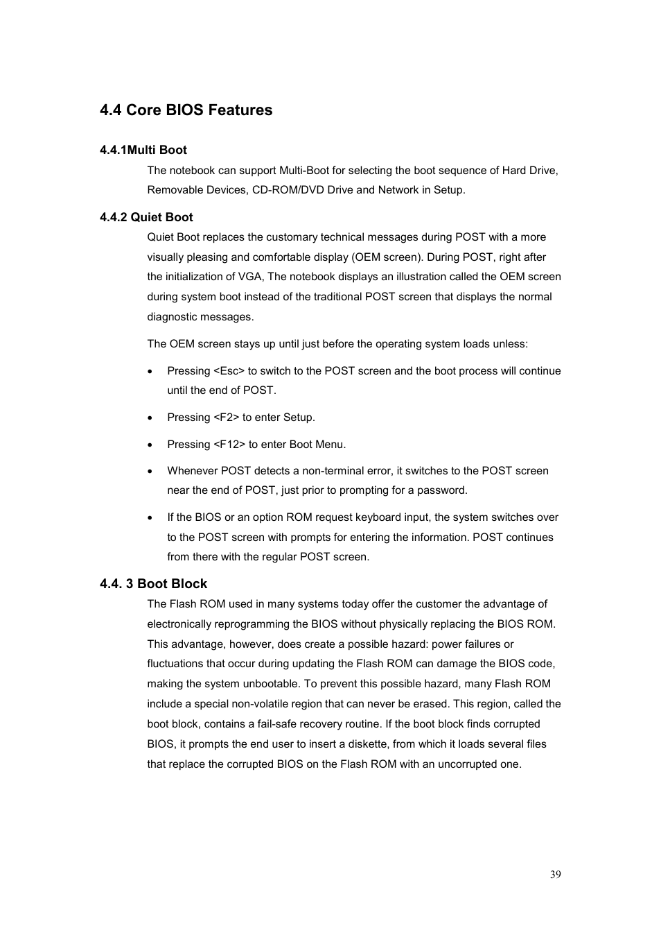 4 core bios features, 3 boot block | chiliGREEN CBL21 User Manual | Page 40 / 68