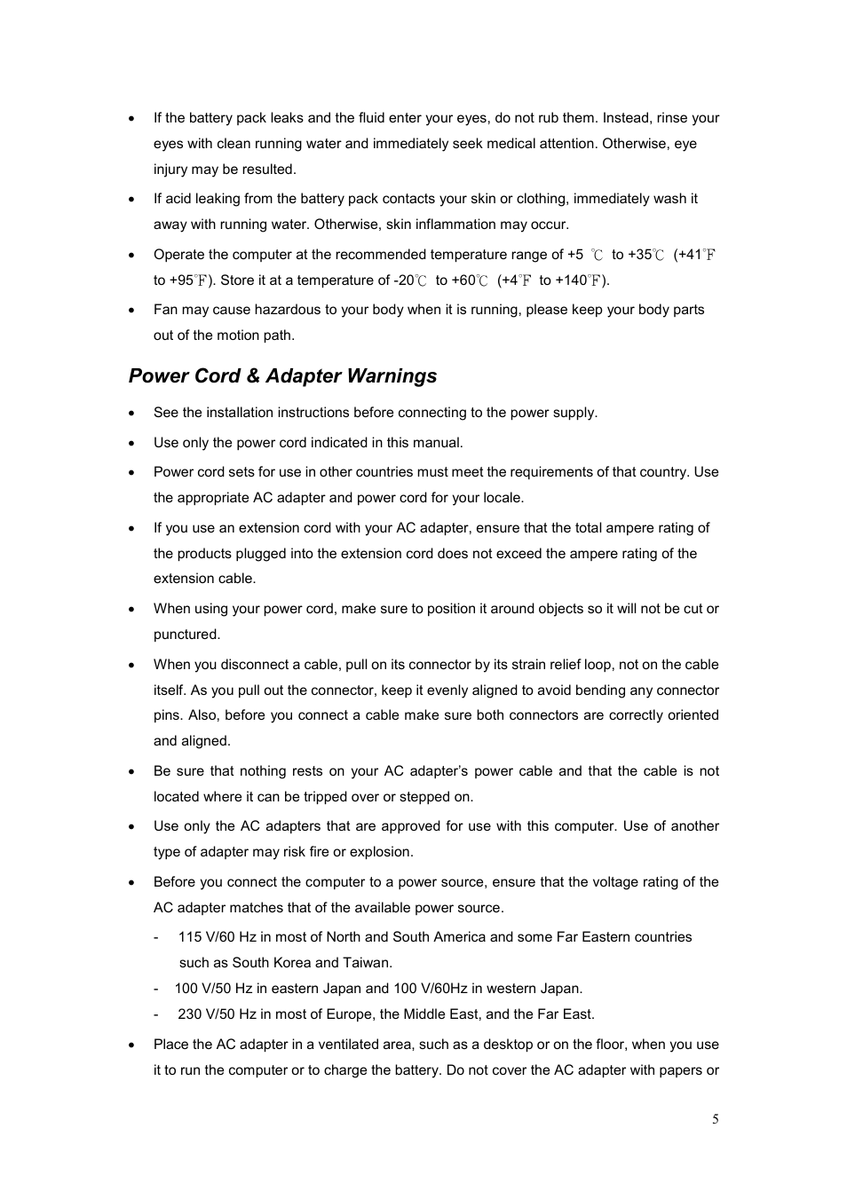 Power cord & adapter warnings | chiliGREEN CBL21 User Manual | Page 6 / 68