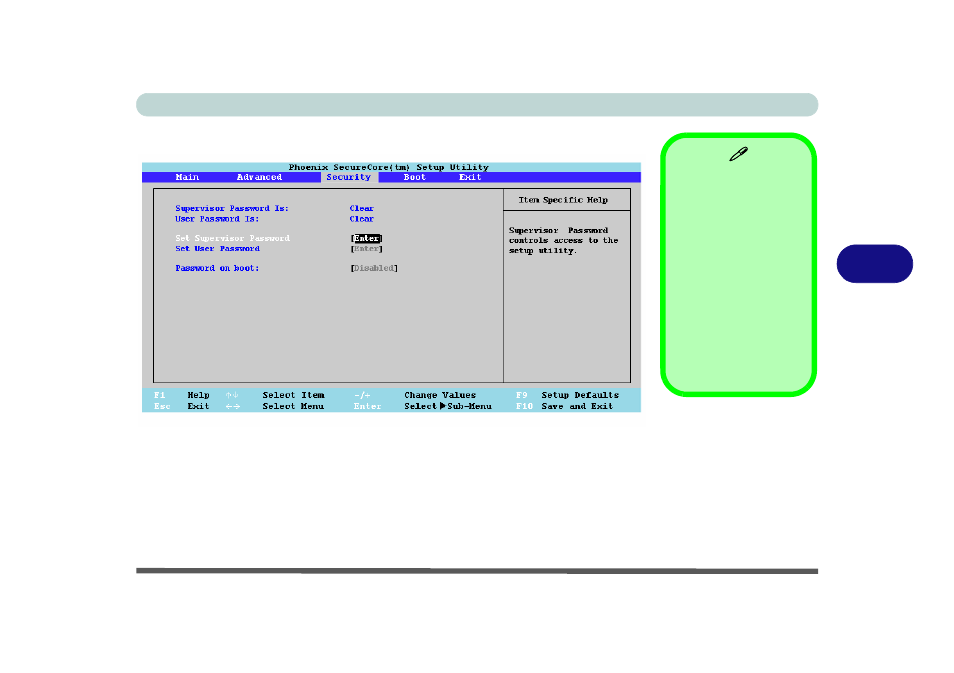 Security menu, Set supervisor password (security menu) | chiliGREEN B5130 User Manual | Page 103 / 248