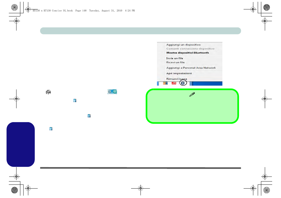 Configurazione bluetooth, Per accendere il modulo bluetooth, Guida per il bluetooth | Italiano configurazione bluetooth, Guida rapida per l'utente 148 - modulo bluetooth | chiliGREEN B5130 User Manual | Page 160 / 164