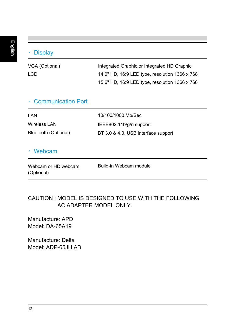 Product specification, Webcam, Communication port | Display | chiliGREEN A15CR03 User Manual | Page 12 / 43