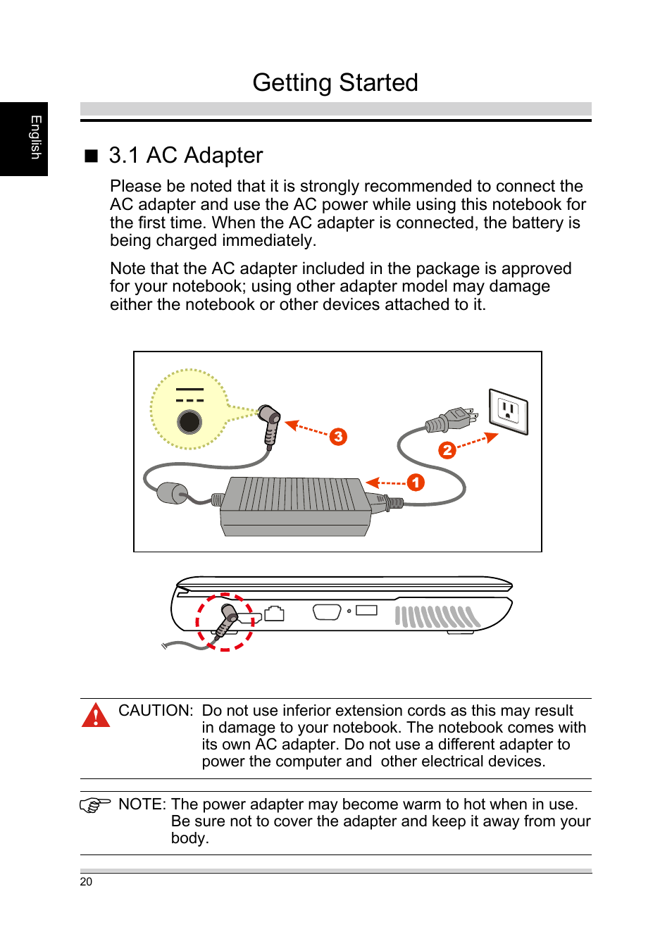 Ac adapter, Getting started, 1 ac adapter | chiliGREEN A15CR03 User Manual | Page 20 / 43