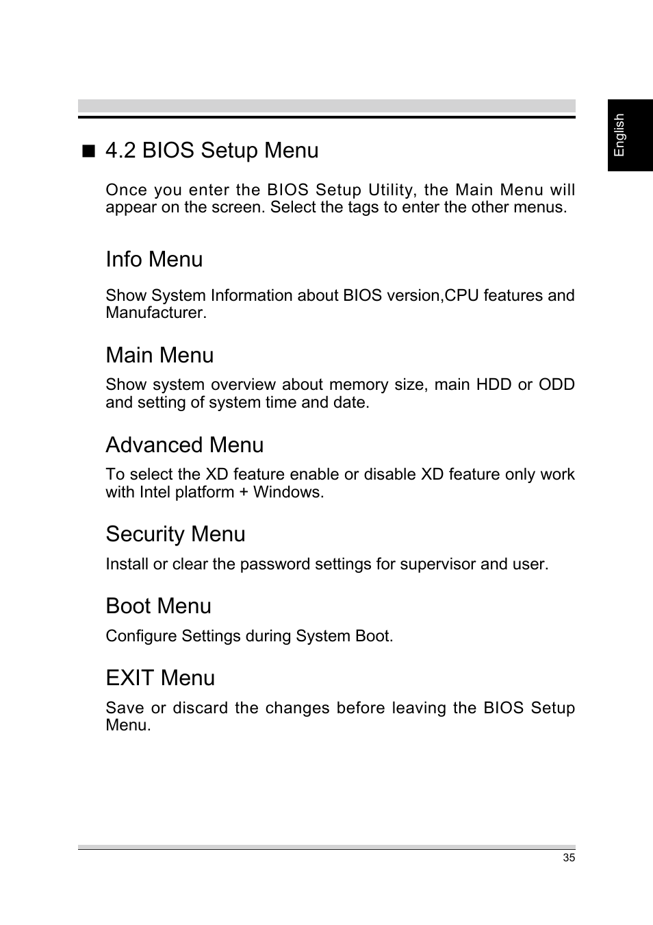 Bios setup menu, 2 bios setup menu, Info menu | Main menu, Advanced menu, Security menu, Boot menu, Exit menu | chiliGREEN A15CR03 User Manual | Page 35 / 43