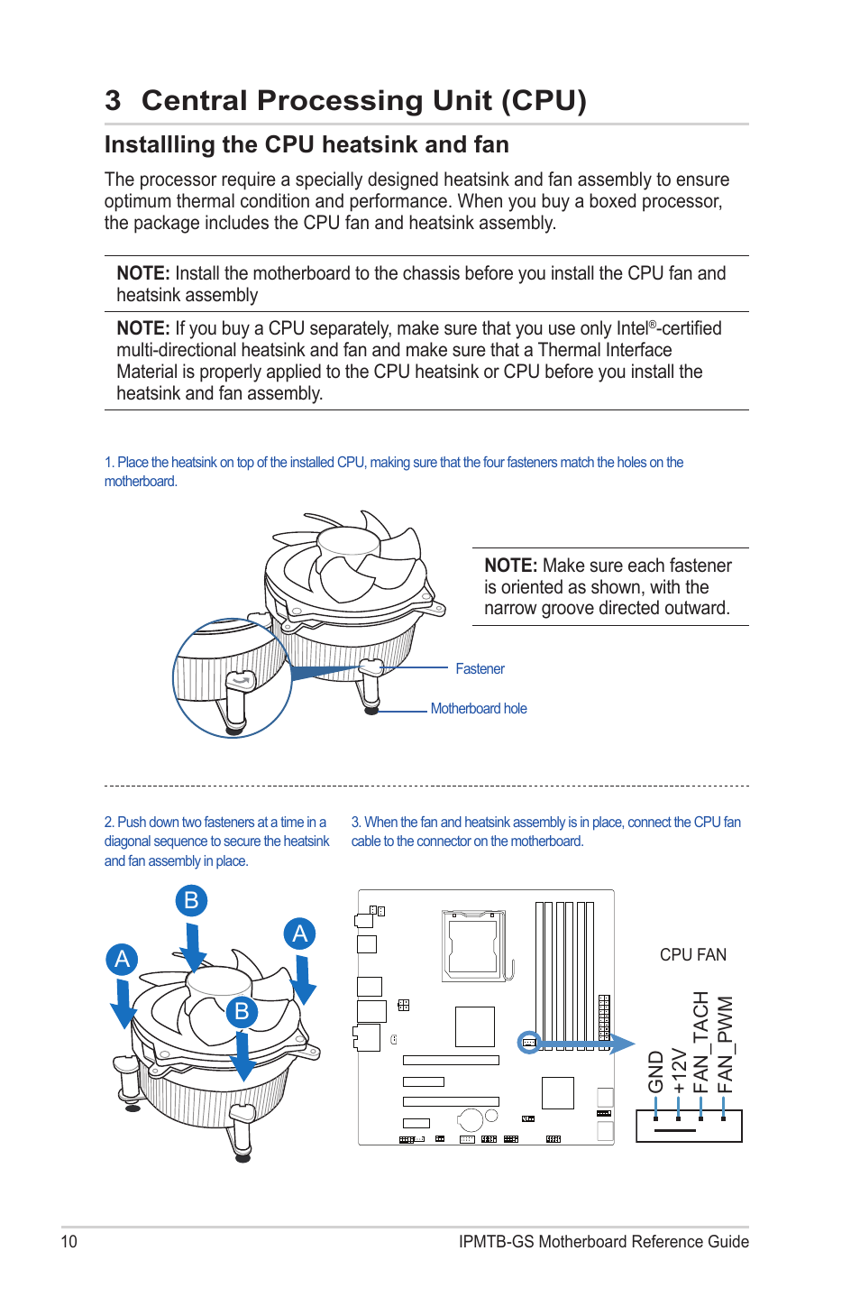 Installling the cpu heatsink and fan, 3 central processing unit (cpu), Ab b a | chiliGREEN IPMTB-GS User Manual | Page 10 / 30