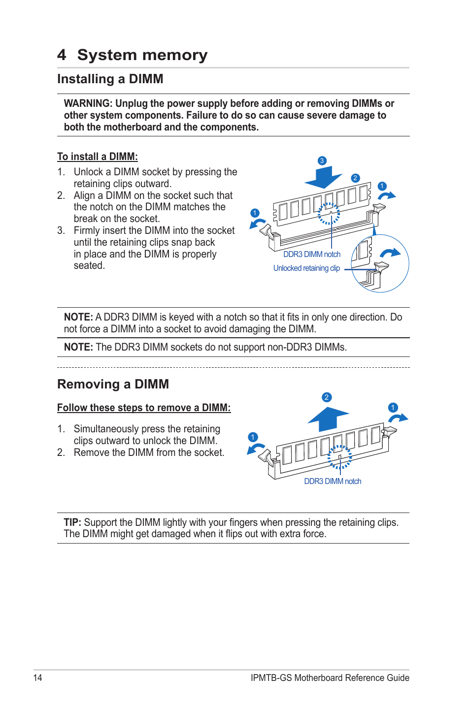 Installing a dimm, Removing a dimm | chiliGREEN IPMTB-GS User Manual | Page 14 / 30