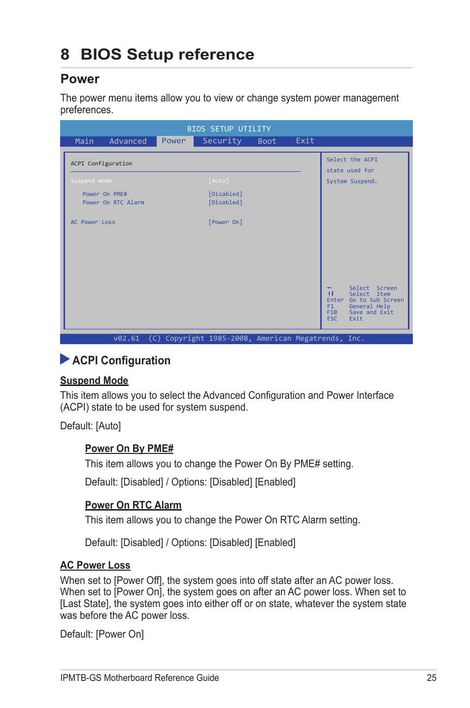Power, 8 bios setup reference, Acpi configuration | chiliGREEN IPMTB-GS User Manual | Page 25 / 30