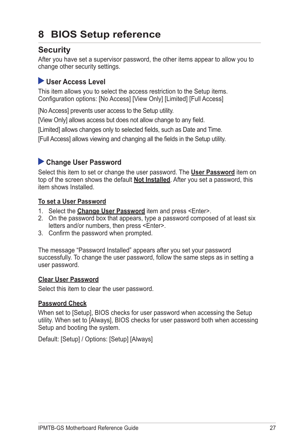 8 bios setup reference, Security | chiliGREEN IPMTB-GS User Manual | Page 27 / 30