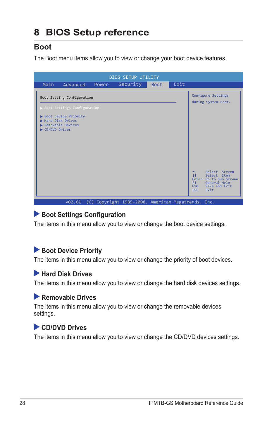 Boot, 8 bios setup reference, Boot settings configuration | Boot device priority, Hard disk drives, Removable drives, Cd/dvd drives | chiliGREEN IPMTB-GS User Manual | Page 28 / 30