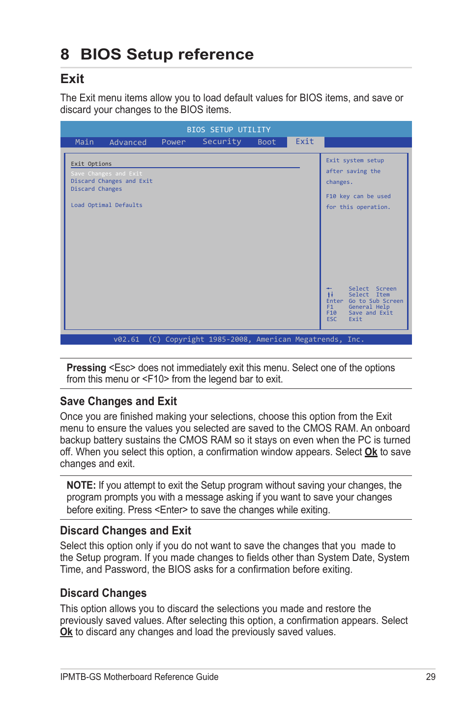 Exit, 8 bios setup reference, Save changes and exit | Discard changes and exit, Discard changes | chiliGREEN IPMTB-GS User Manual | Page 29 / 30