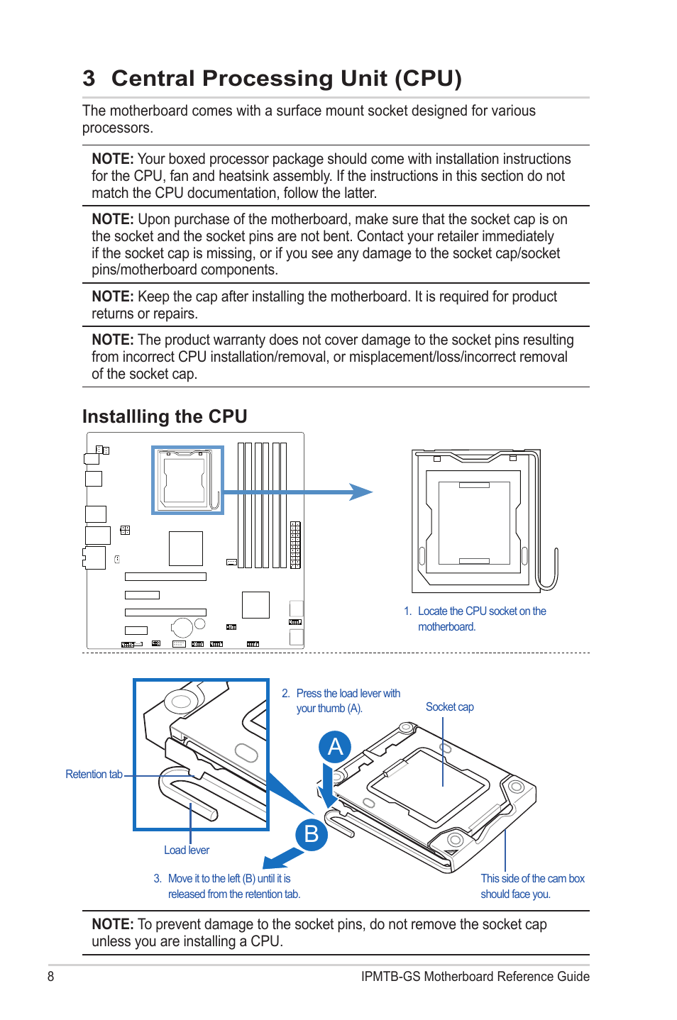 3 central processing unit (cpu), Installling the cpu | chiliGREEN IPMTB-GS User Manual | Page 8 / 30