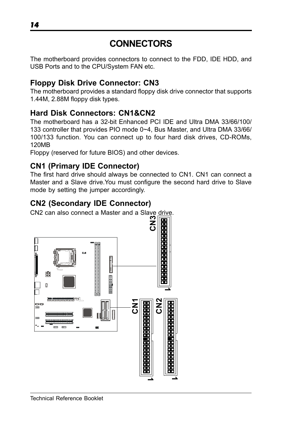 Connectors, Floppy disk drive connector: cn3, Hard disk connectors: cn1&cn2 | Cn1 (primary ide connector), Cn2 (secondary ide connector) | chiliGREEN RC410M -A82C User Manual | Page 14 / 40