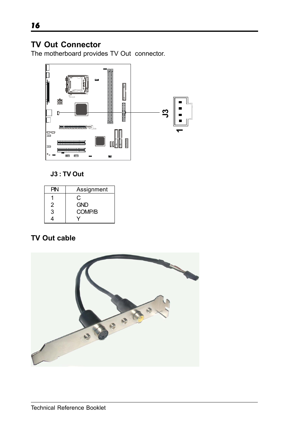 Tv out connector, Tv out cable, The motherboard provides tv out connector | J3 : tv out | chiliGREEN RC410M -A82C User Manual | Page 16 / 40