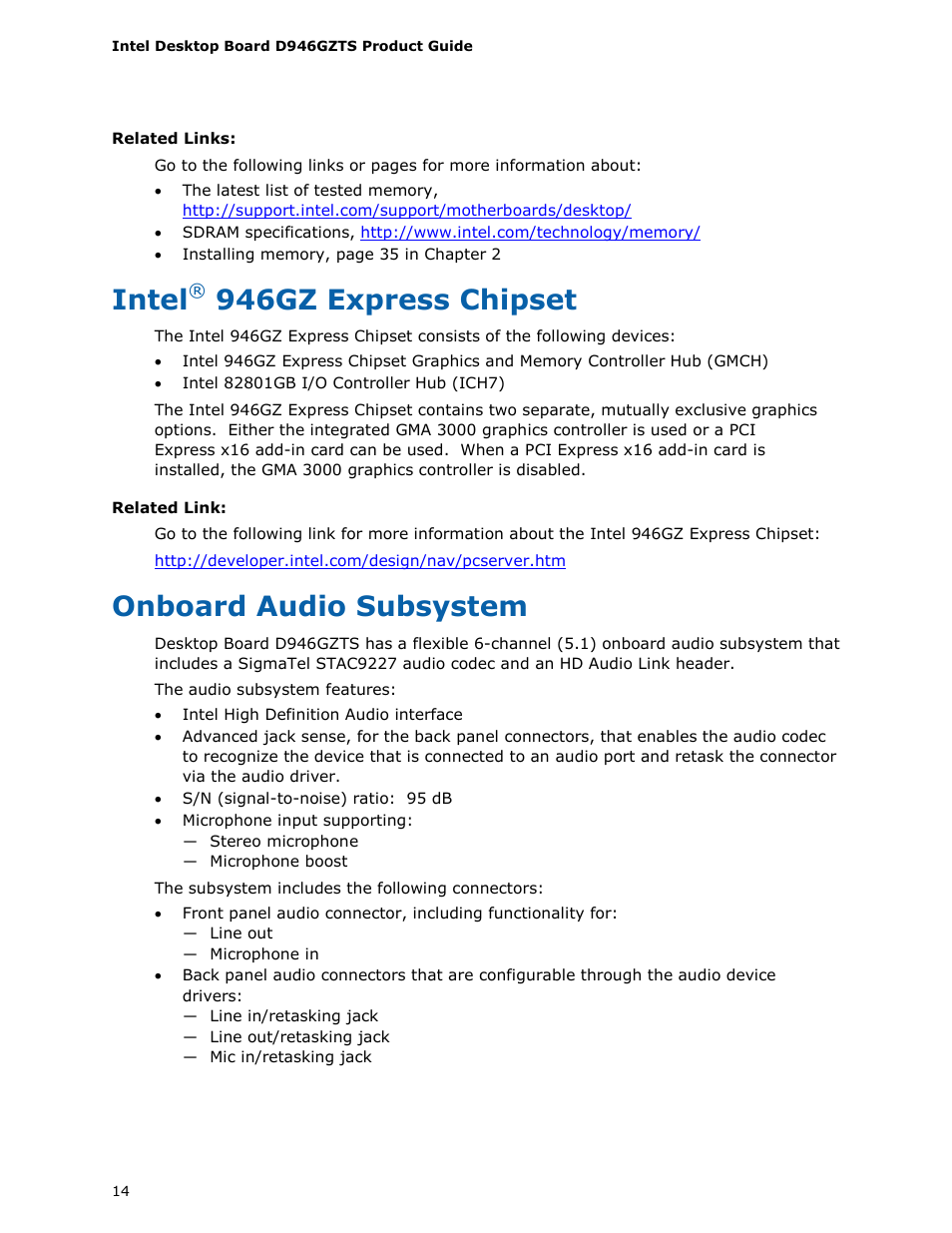 Intel, 946gz express chipset, Onboard audio subsystem | chiliGREEN D946GZTS User Manual | Page 14 / 76