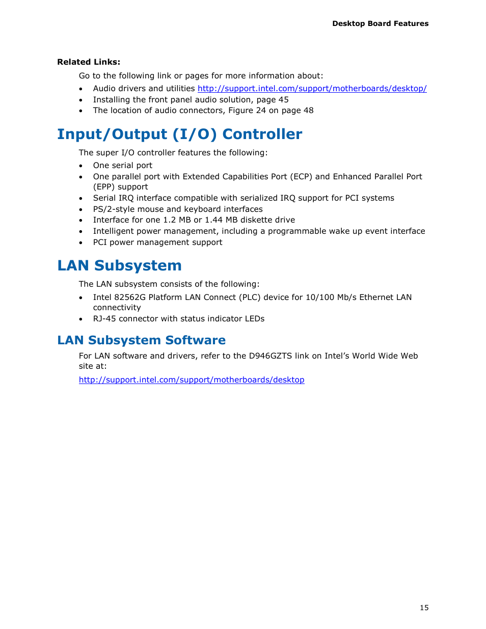 Input/output (i/o) controller, Lan subsystem, Lan subsystem software | chiliGREEN D946GZTS User Manual | Page 15 / 76