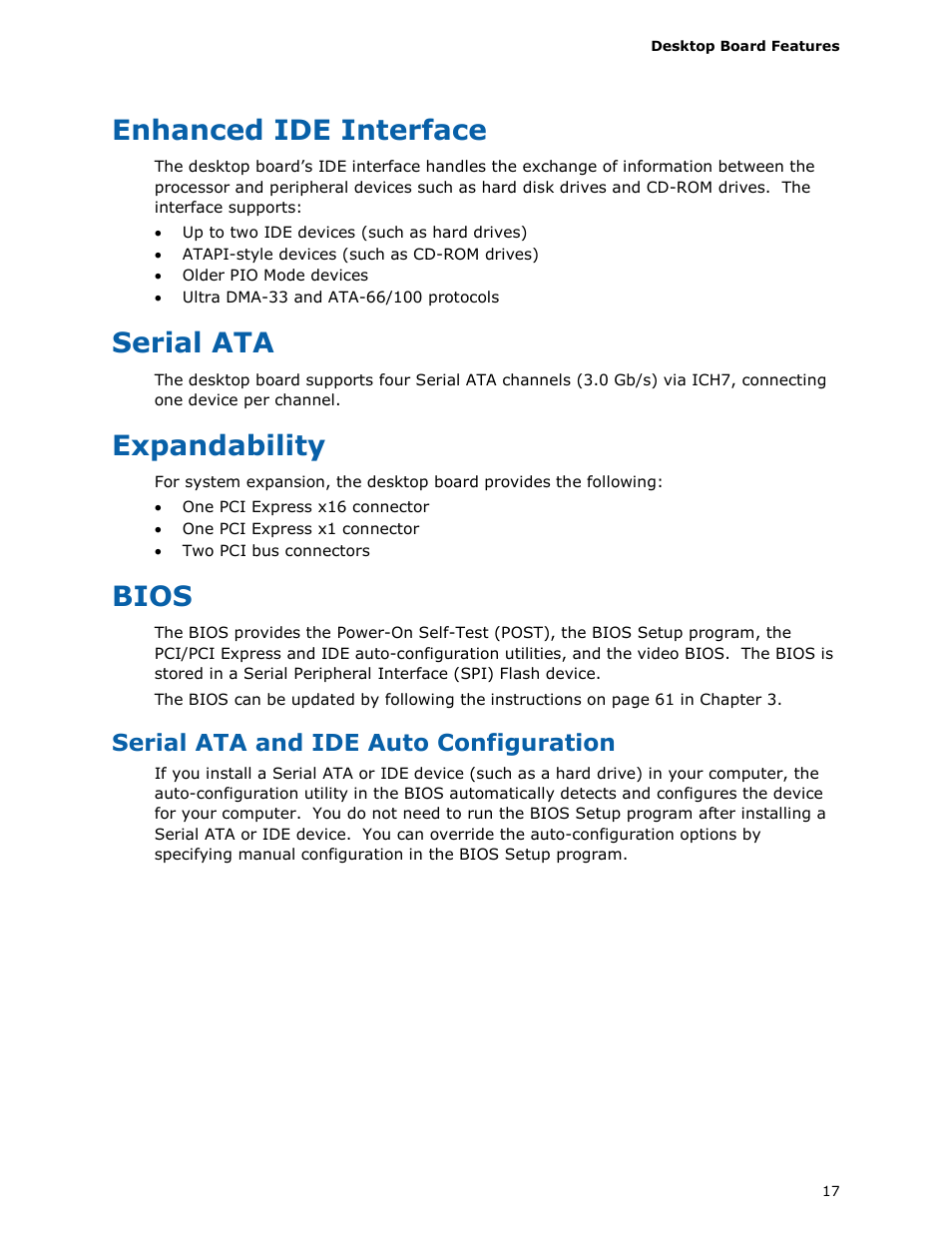 Enhanced ide interface, Serial ata, Expandability | Bios | chiliGREEN D946GZTS User Manual | Page 17 / 76