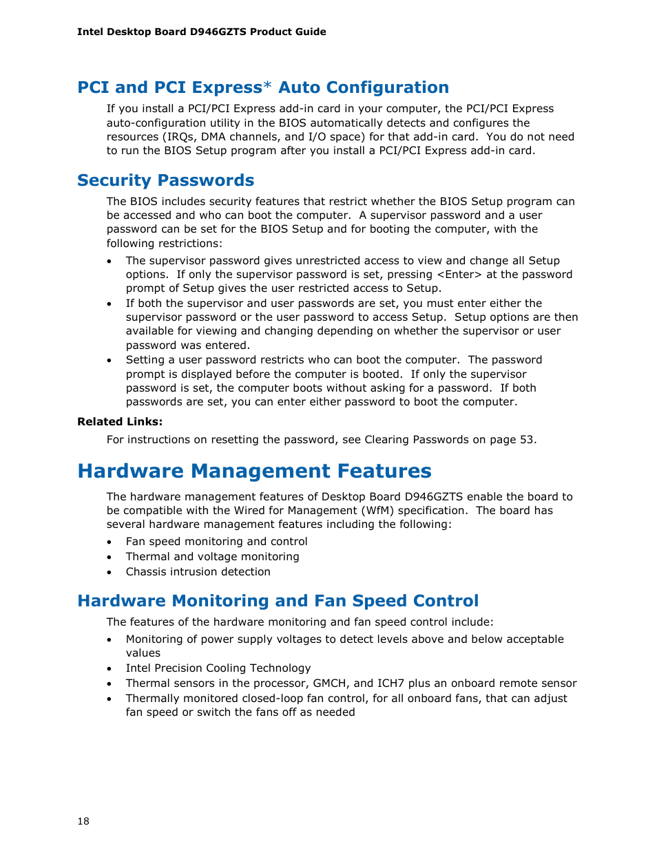 Hardware management features, Pci and pci express * auto configuration, Security passwords | Hardware monitoring and fan speed control | chiliGREEN D946GZTS User Manual | Page 18 / 76