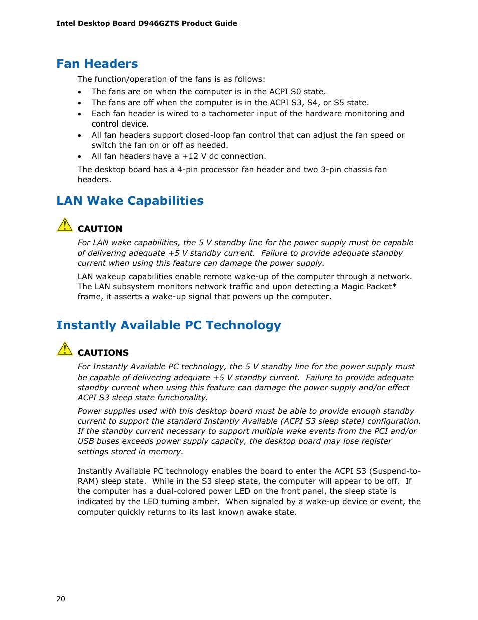 Fan headers, Lan wake capabilities, Instantly available pc technology | chiliGREEN D946GZTS User Manual | Page 20 / 76
