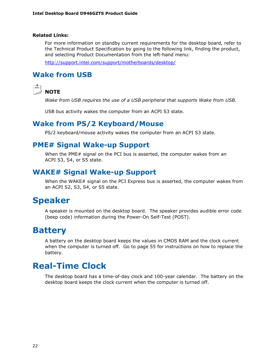 Speaker, Battery, Real-time clock | Wake from usb, Wake from ps/2 keyboard/mouse, Pme# signal wake-up support, Wake# signal wake-up support | chiliGREEN D946GZTS User Manual | Page 22 / 76