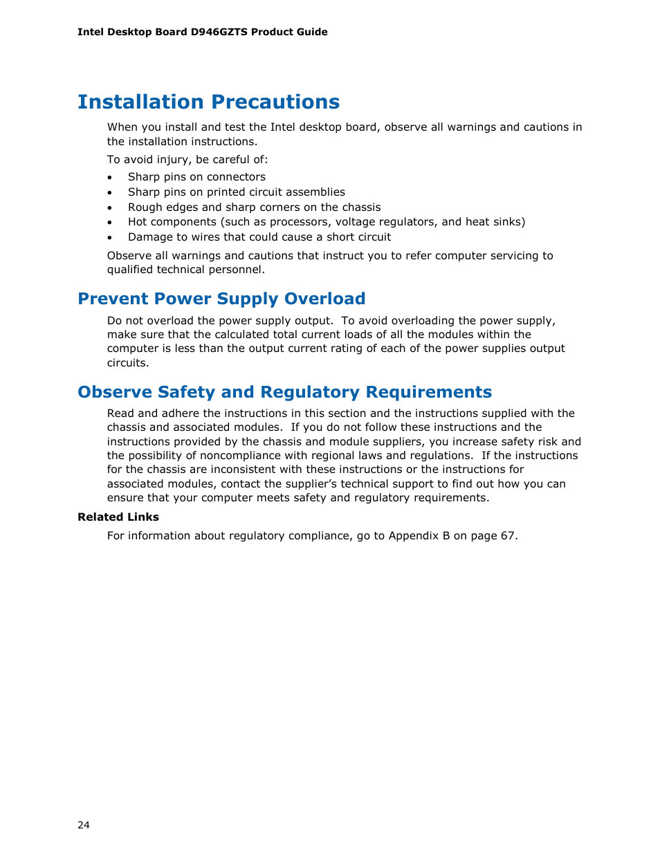 Installation precautions, Prevent power supply overload, Observe safety and regulatory requirements | chiliGREEN D946GZTS User Manual | Page 24 / 76