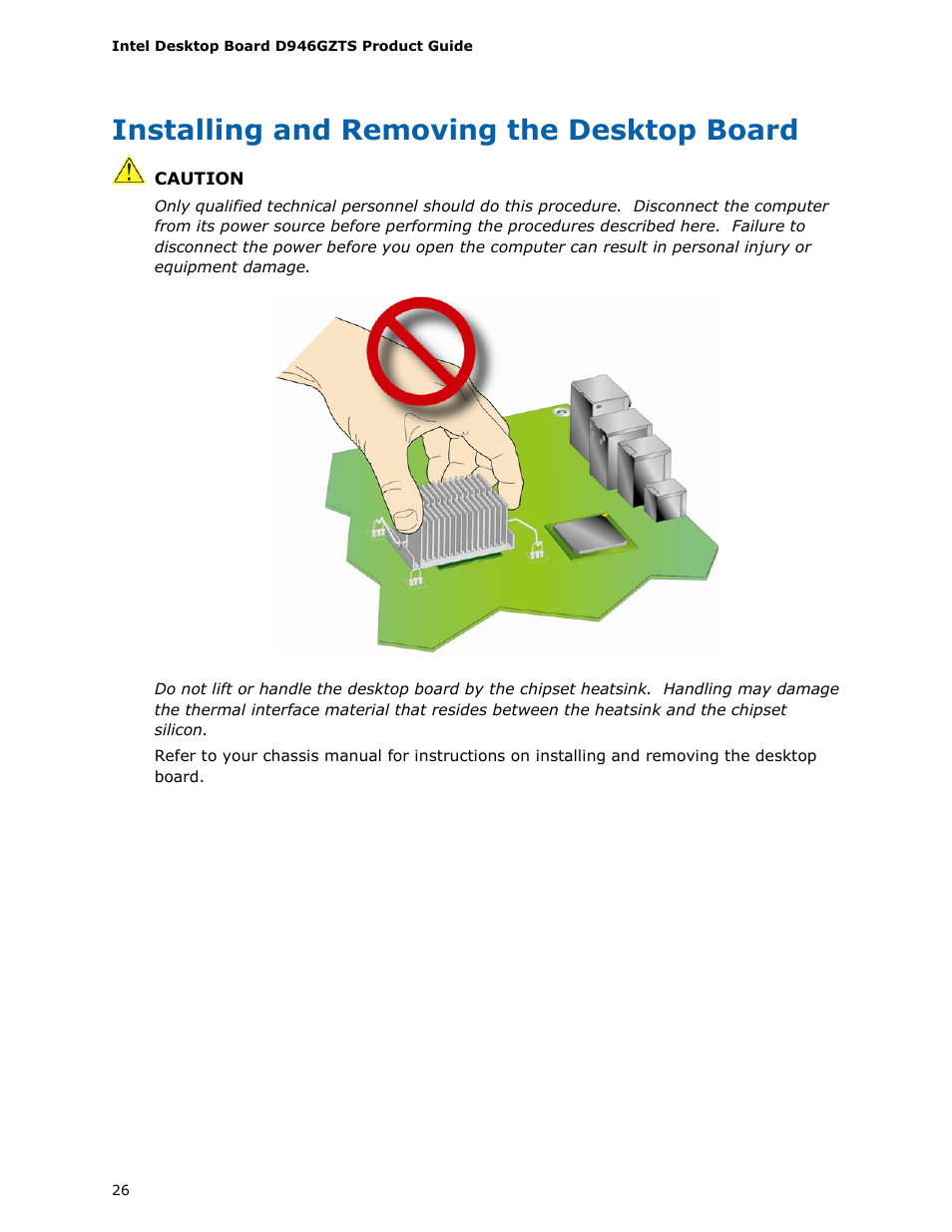 Installing and removing the desktop board | chiliGREEN D946GZTS User Manual | Page 26 / 76