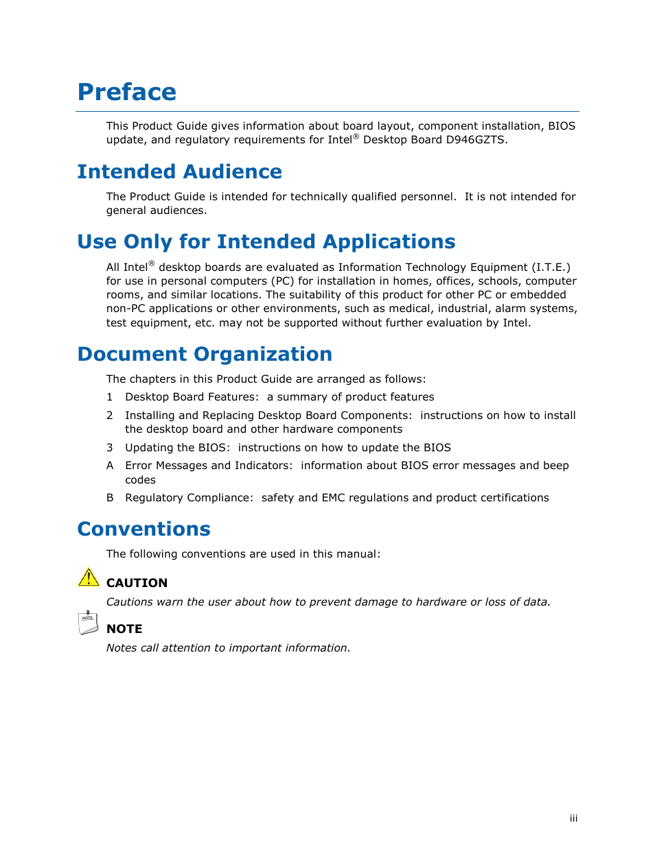 Preface, Intended audience, Use only for intended applications | Document organization, Conventions | chiliGREEN D946GZTS User Manual | Page 3 / 76