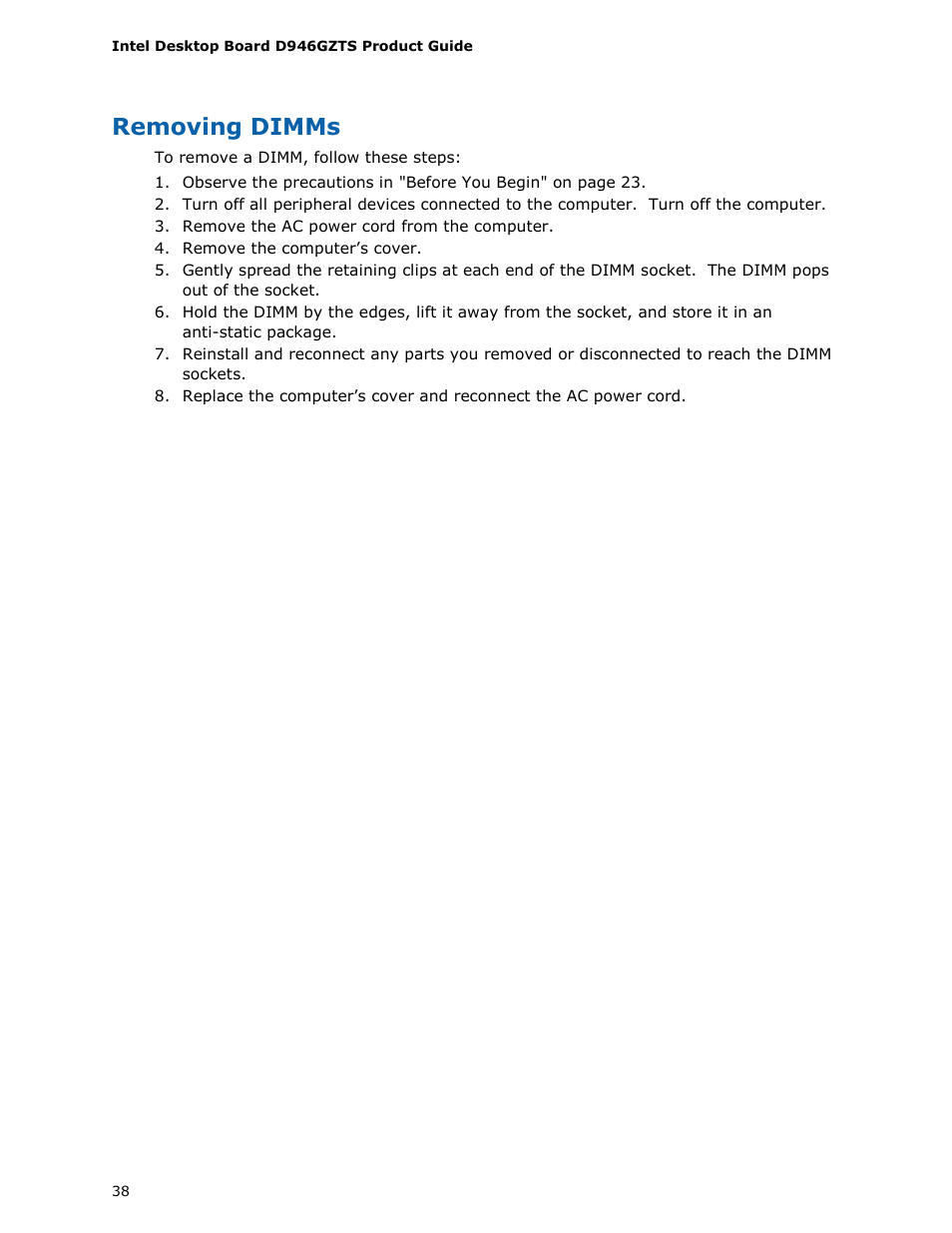 Removing dimms | chiliGREEN D946GZTS User Manual | Page 38 / 76