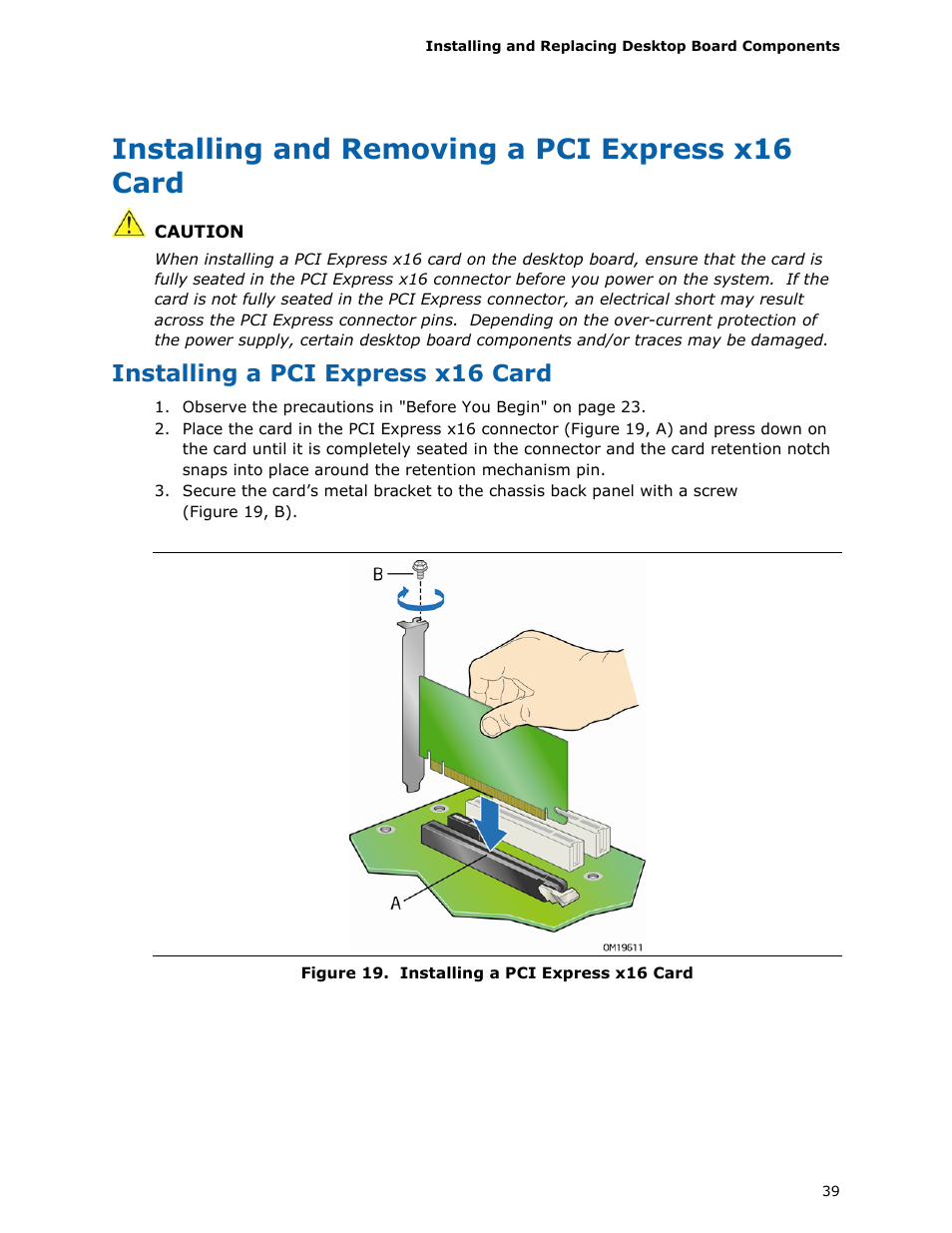 Installing and removing a pci express x16 card, Installing a pci express x16 card | chiliGREEN D946GZTS User Manual | Page 39 / 76