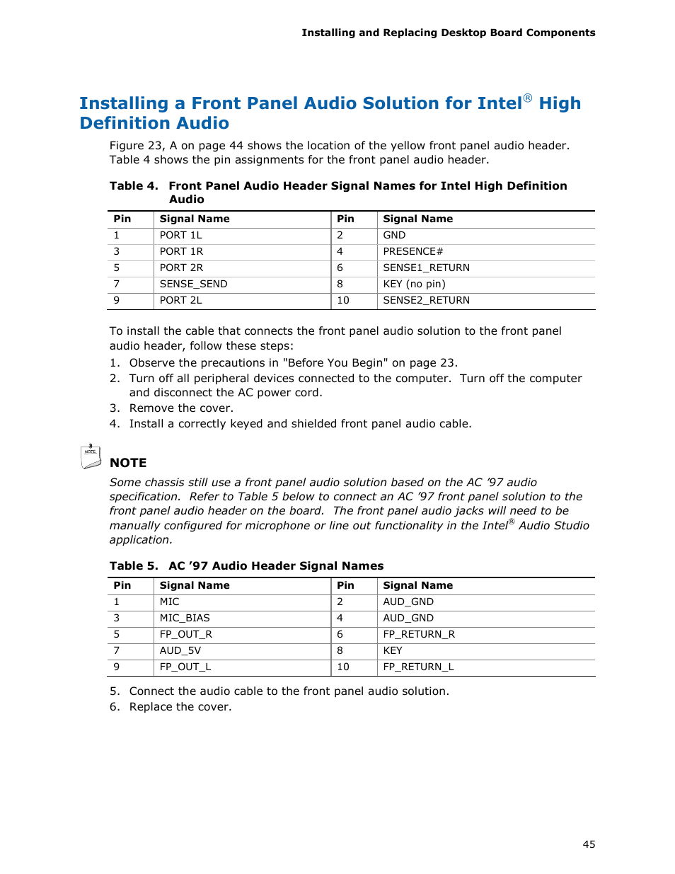 Installing a front panel audio solution for intel, High definition audio | chiliGREEN D946GZTS User Manual | Page 45 / 76