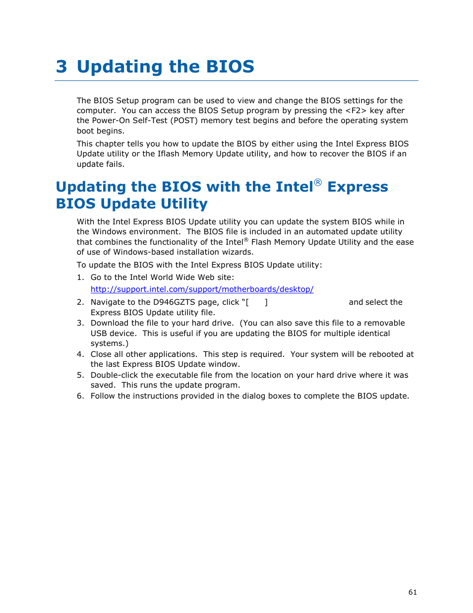 3 updating the bios, Updating the bios with the intel, Express bios update utility | chiliGREEN D946GZTS User Manual | Page 61 / 76