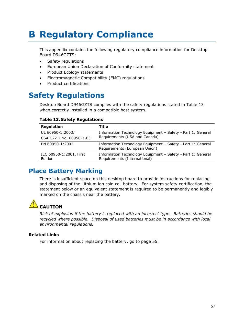 B regulatory compliance, Safety regulations, Place battery marking | chiliGREEN D946GZTS User Manual | Page 67 / 76