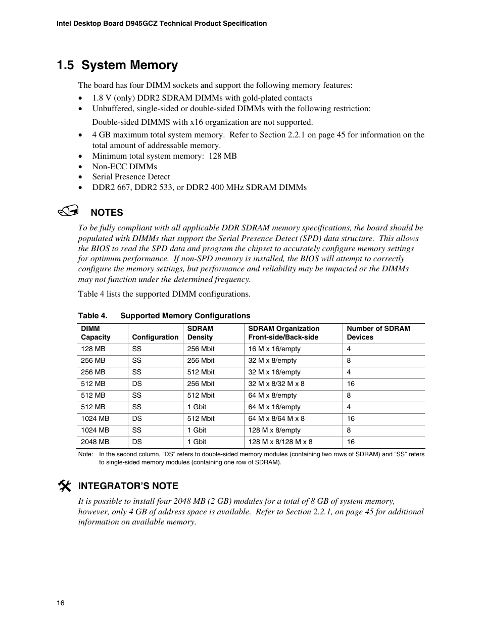 5 system memory, System memory, Supported memory configurations | chiliGREEN D945GBZ User Manual | Page 16 / 92