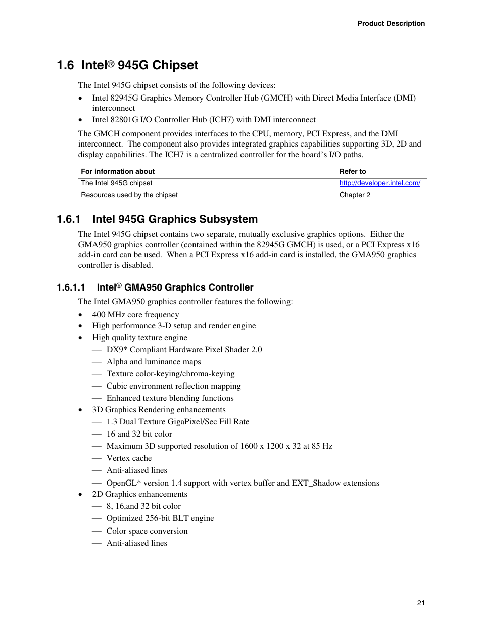 6 intel® 945g chipset, 1 intel 945g graphics subsystem, Intel | 945g chipset, Intel 945g graphics subsystem, 6 intel | chiliGREEN D945GBZ User Manual | Page 21 / 92