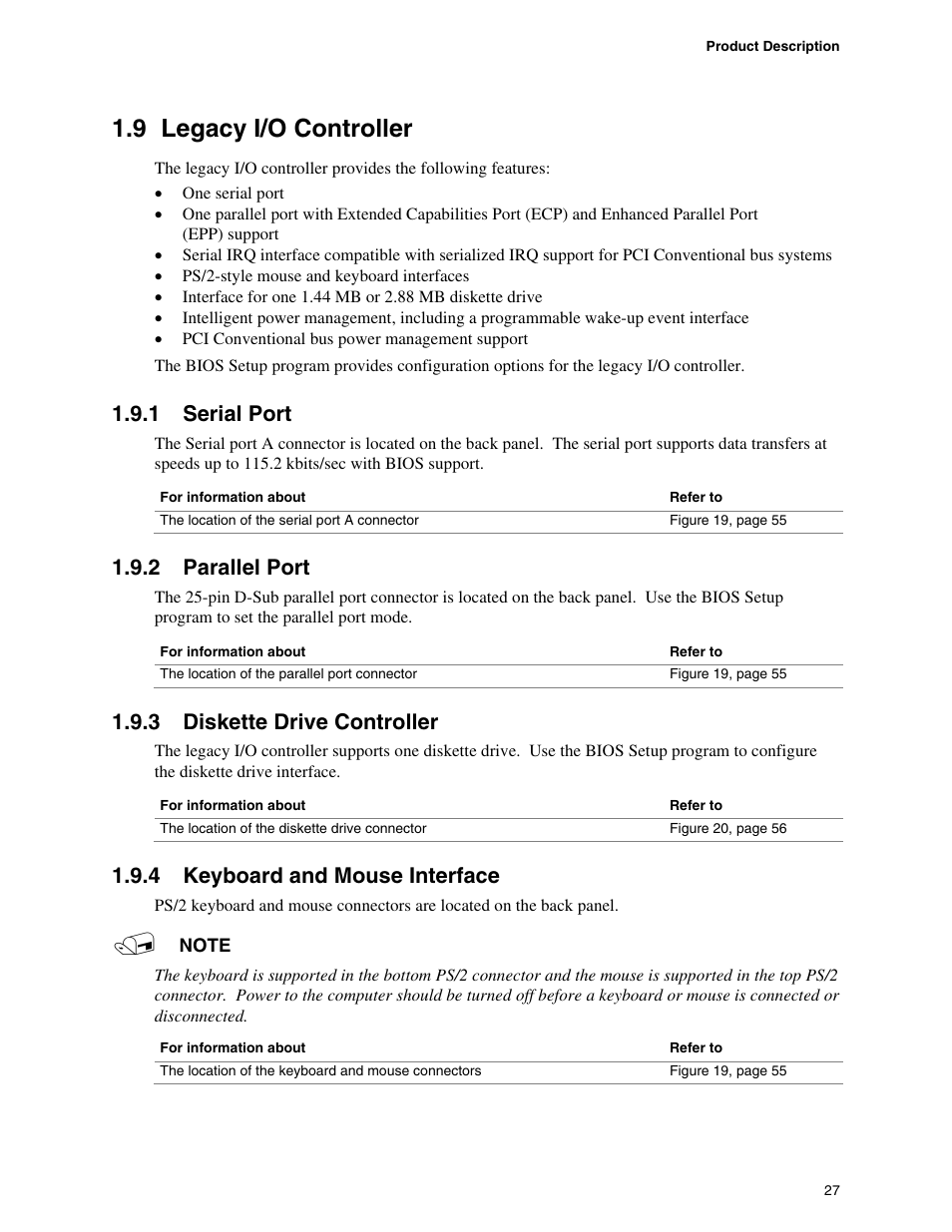 9 legacy i/o controller, 1 serial port, 2 parallel port | 3 diskette drive controller, 4 keyboard and mouse interface, Legacy i/o controller, Serial port, Parallel port, Diskette drive controller, Keyboard and mouse interface | chiliGREEN D945GBZ User Manual | Page 27 / 92