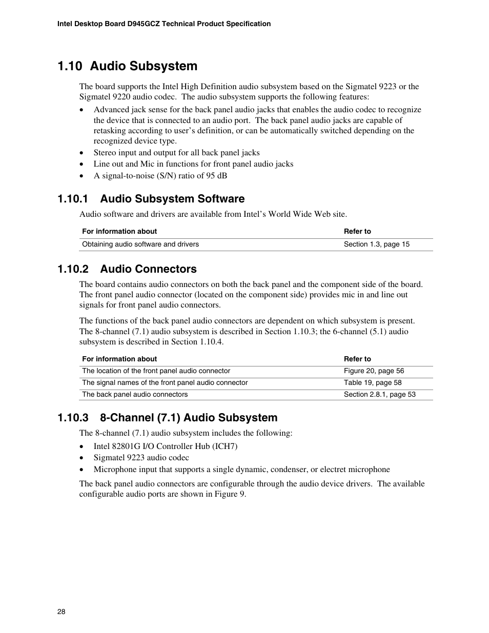 10 audio subsystem, 1 audio subsystem software, 2 audio connectors | 3 8-channel (7.1) audio subsystem, Audio subsystem, Audio subsystem software, Audio connectors, Channel (7.1) audio subsystem | chiliGREEN D945GBZ User Manual | Page 28 / 92