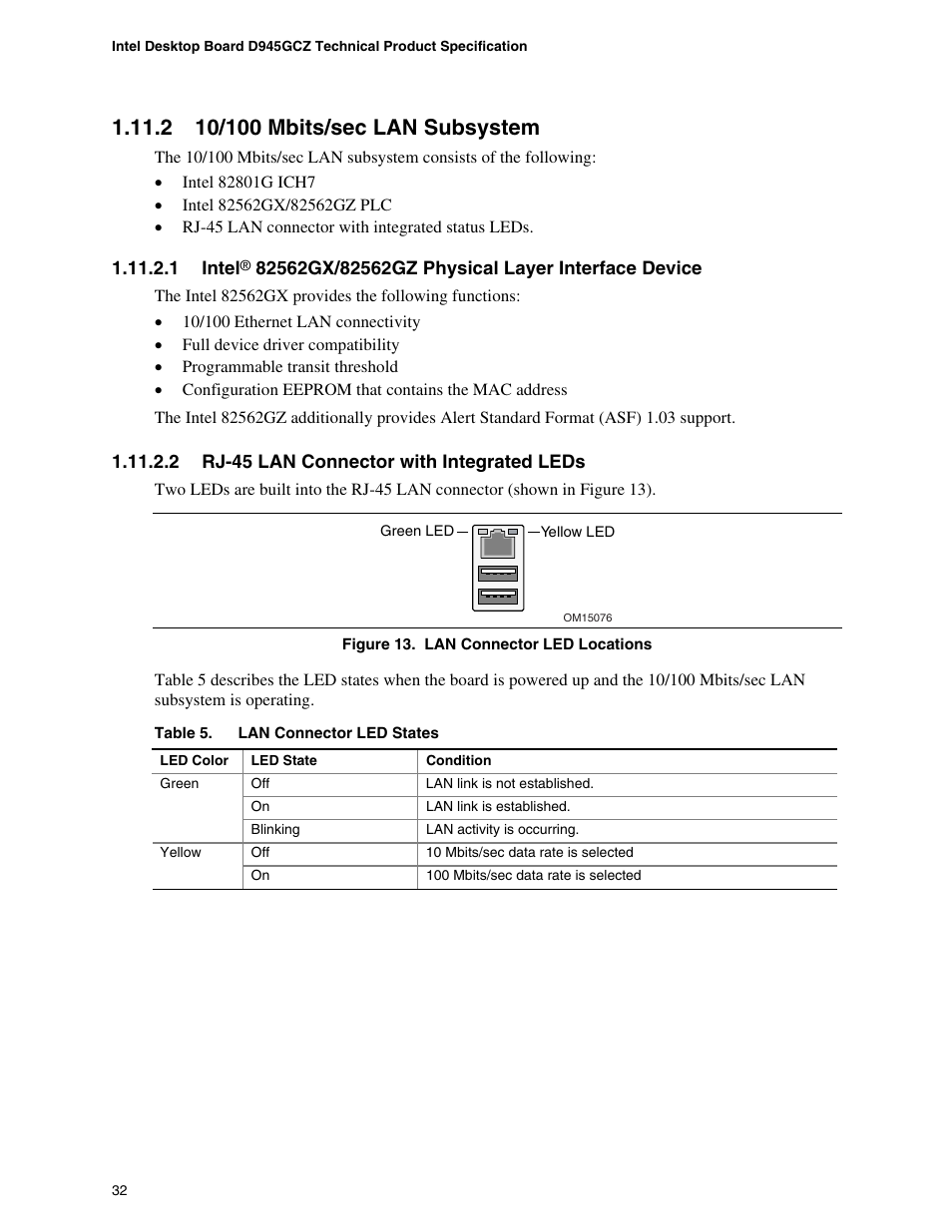 2 10/100 mbits/sec lan subsystem, 10/100 mbits/sec lan subsystem, Lan connector led locations | Lan connector led states | chiliGREEN D945GBZ User Manual | Page 32 / 92